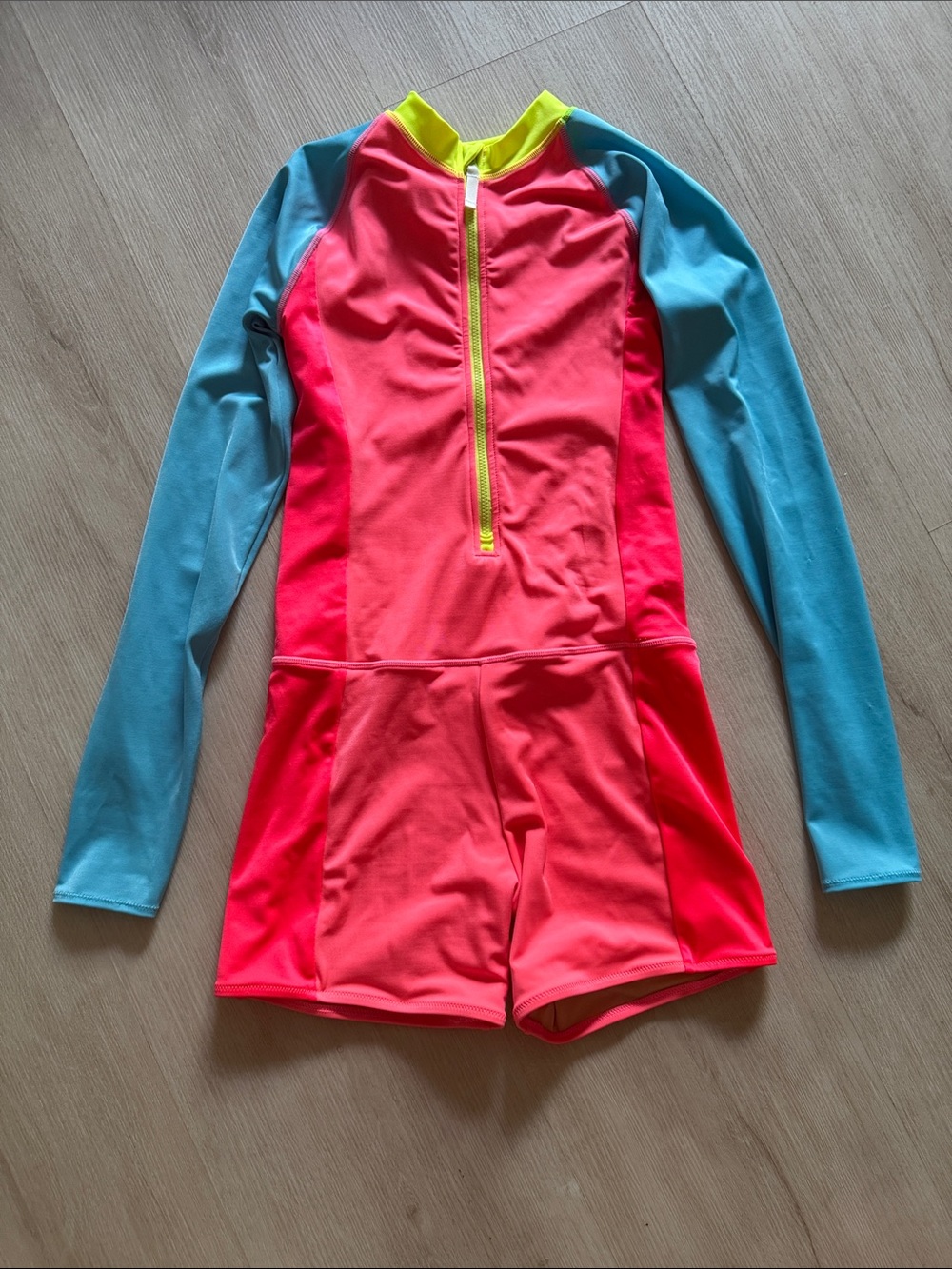 Crewcuts Kids Long-Sleeve One-Piece Rash Guard Swimsuit - Neon Coral & Aqua
